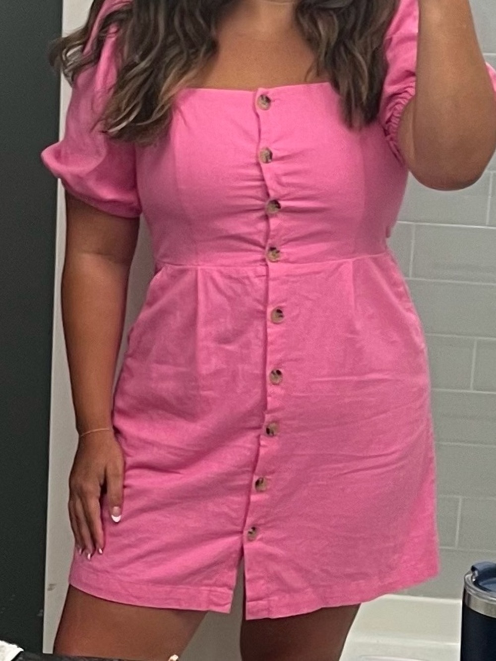 Old Navy Pink Square-Neck Button-Front Puff Sleeve Dress